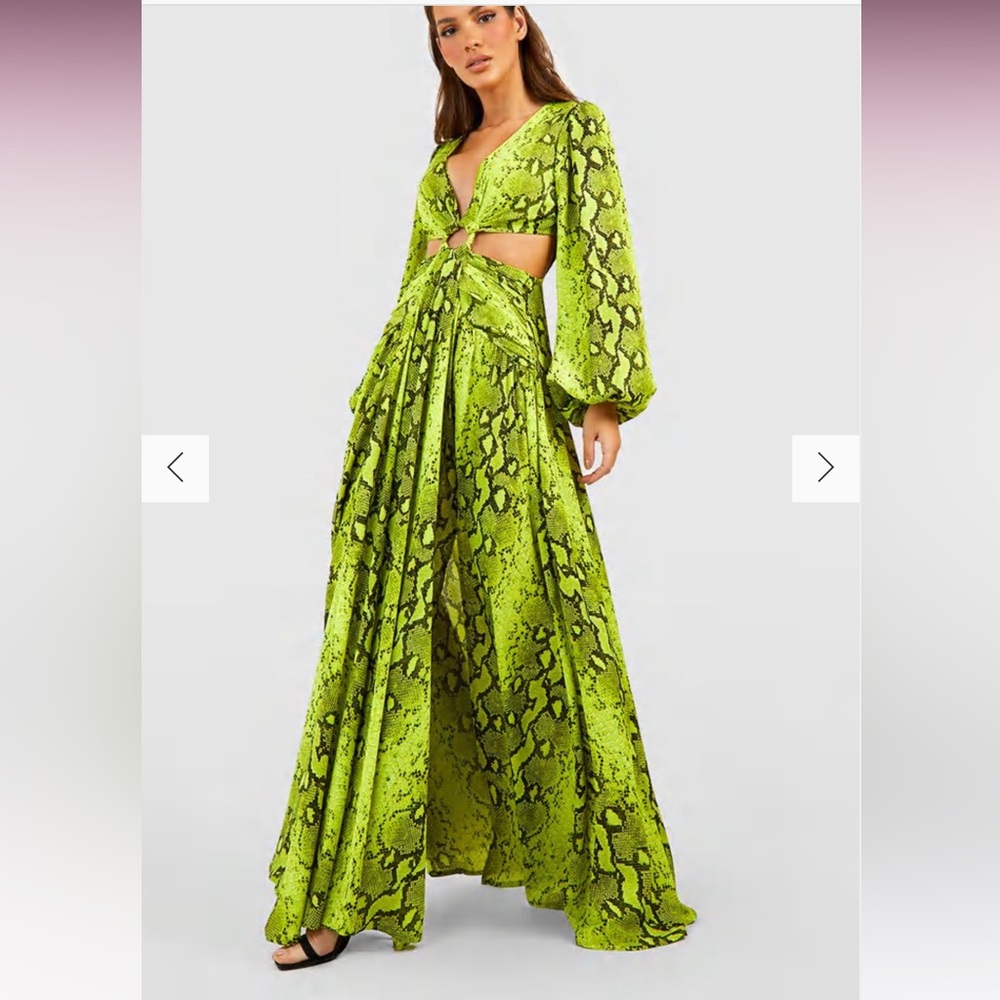Snakeskin print neon green, cut out maxi dress (sold out on Boohoo)